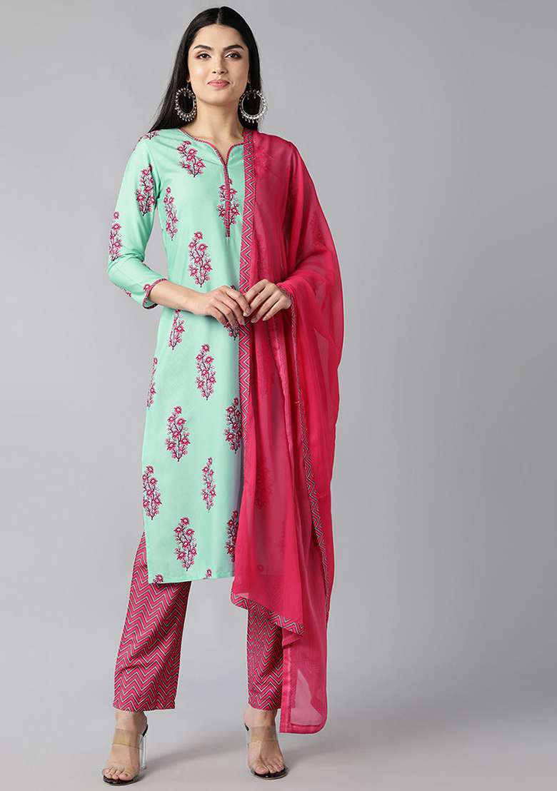 Sea Green Floral Print Polyester Straight Kurta Set - Indya