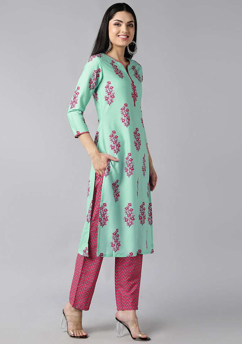 Sea Green Floral Print Polyester Straight Kurta Set - Indya