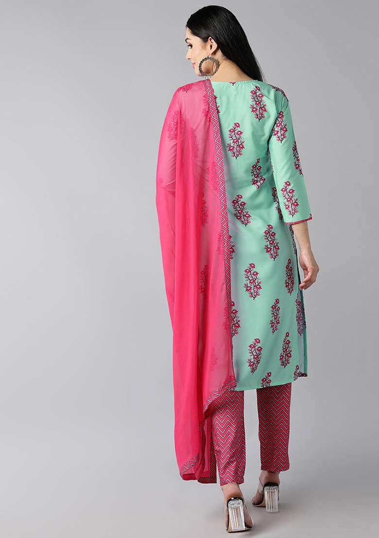 Sea Green Floral Print Polyester Straight Kurta Set - Indya