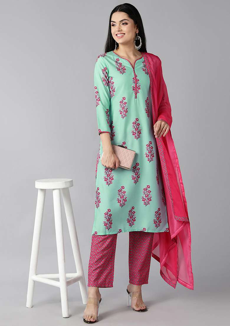 Sea Green Floral Print Polyester Straight Kurta Set - Indya