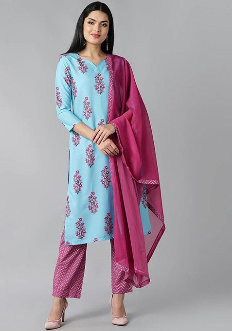 Blue Printed Polyester Kurta Set
