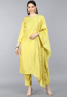 Yellow Solid Poly Chanderi Kurta Set