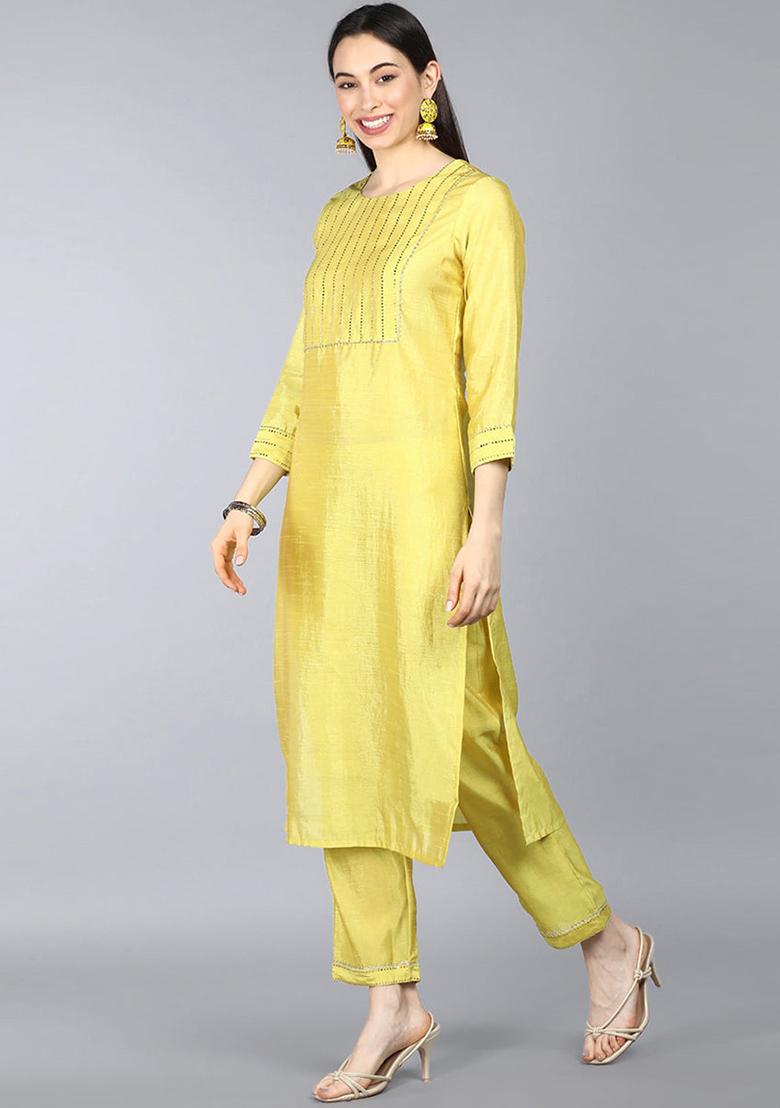 Yellow Solid Poly Chanderi Kurta Set