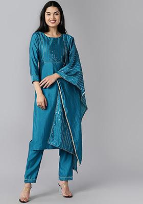 Blue Solid Poly Chanderi Kurta Set