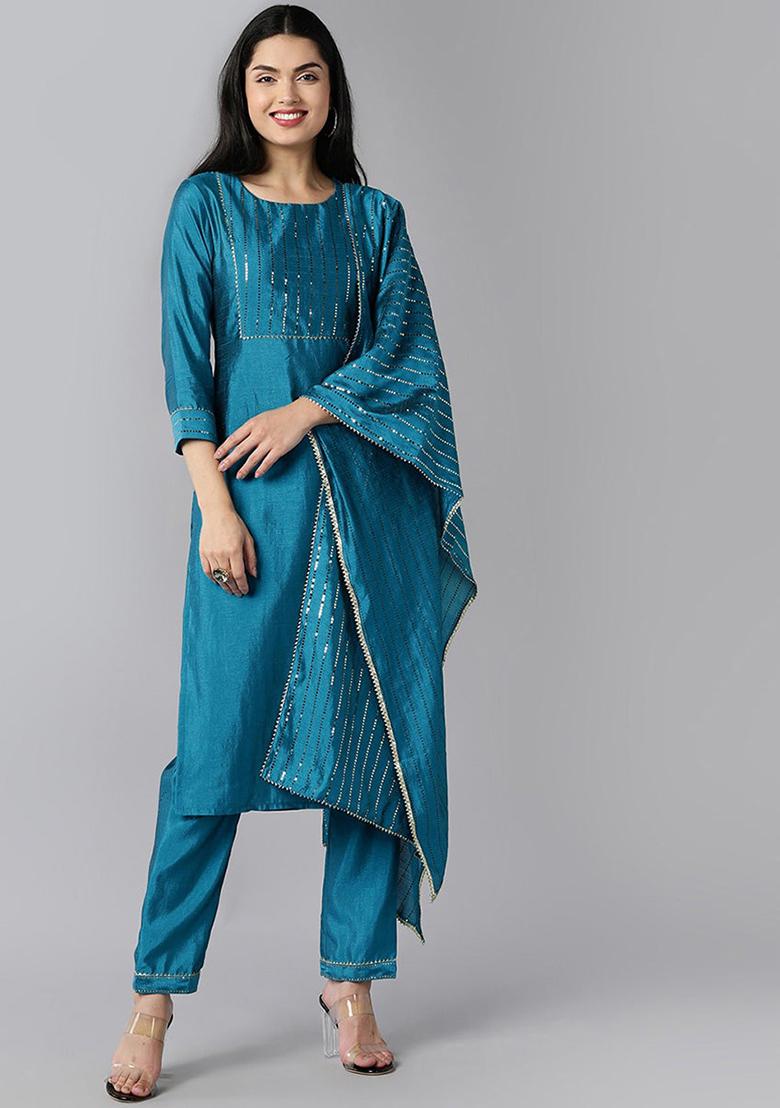 Blue Solid Poly Chanderi Kurta Set