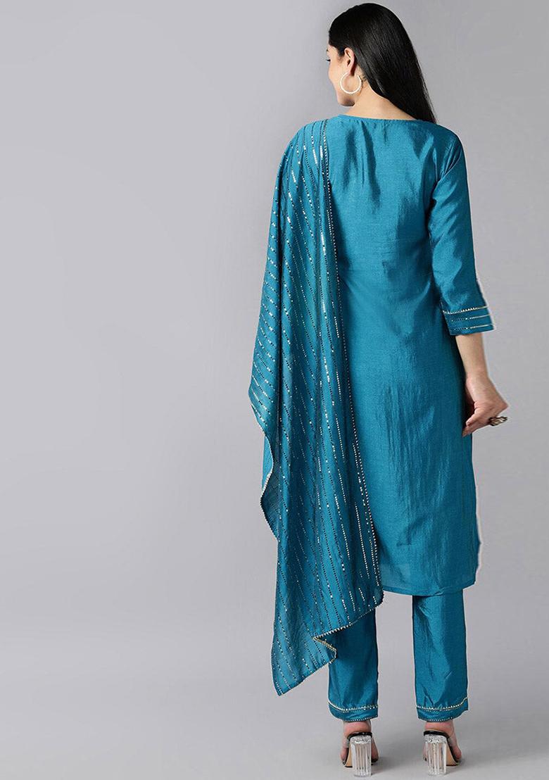 Blue Solid Poly Chanderi Kurta Set