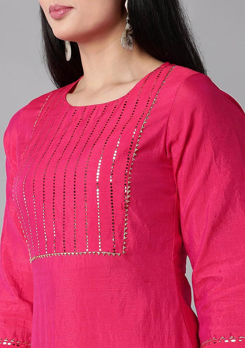 Pink Solid Poly Chanderi Kurta Set