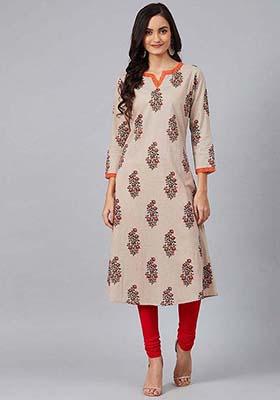 Beige Printed Cotton Kurta