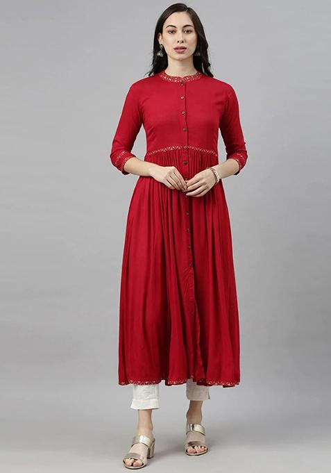 Red Embroidered Cotton A Line Kurta Set