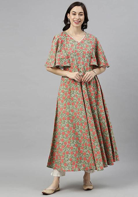 Green Floral Print Cotton Kurta