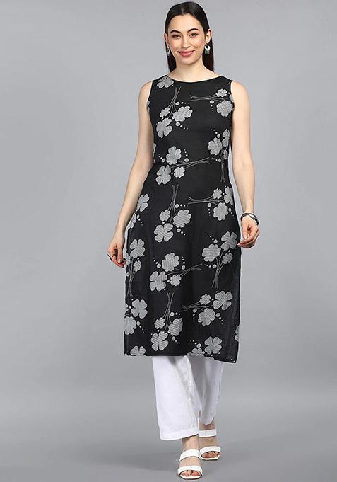 Black Printed Cotton Kurta