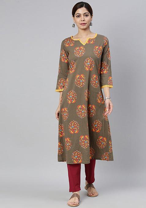 Taupe Printed Cotton Kurta