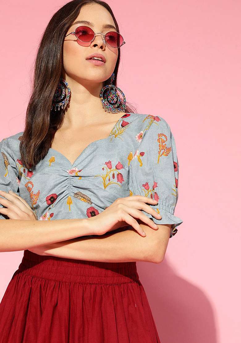 Blue Floral Print Cotton Co Ord Set - Indya
