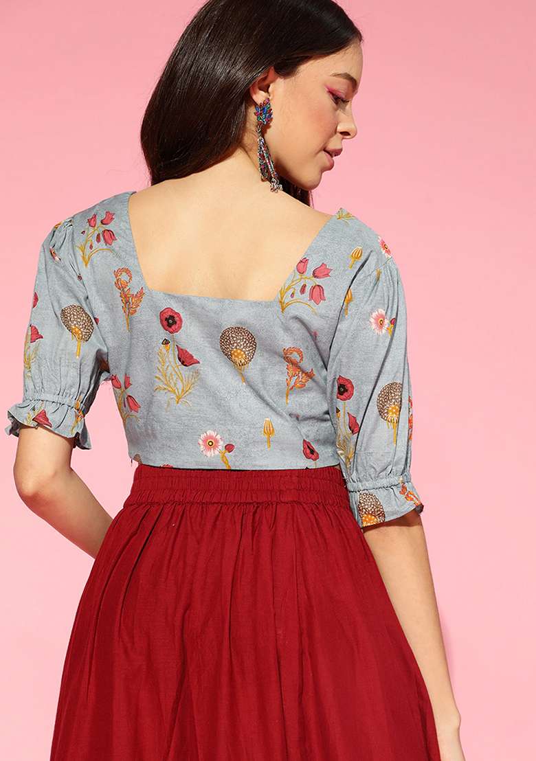 Blue Floral Print Cotton Co Ord Set - Indya