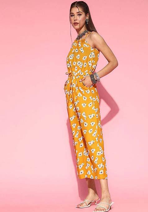 Mustard Printed Polyester Jumpsuit