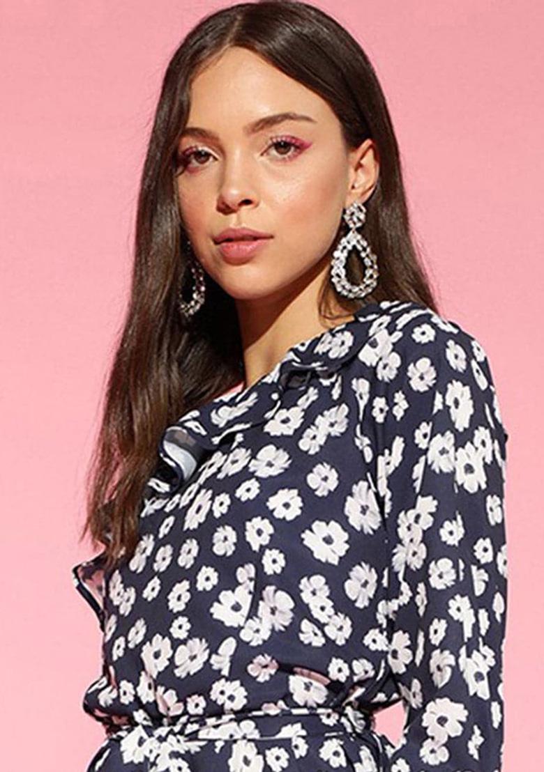 Navy Blue Printed Polyester Jumpsuit