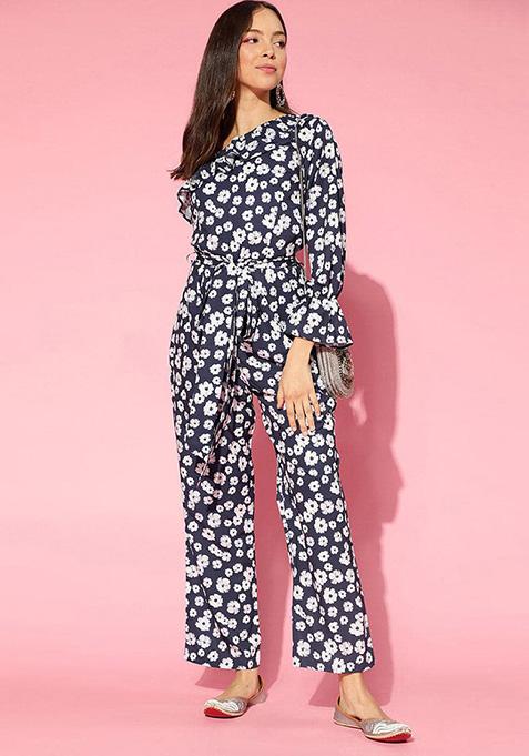 Navy Blue Printed Polyester Jumpsuit