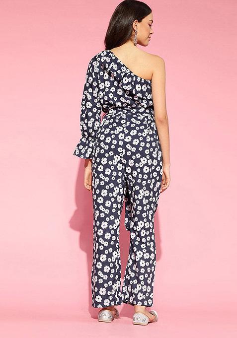 Navy Blue Printed Polyester Jumpsuit