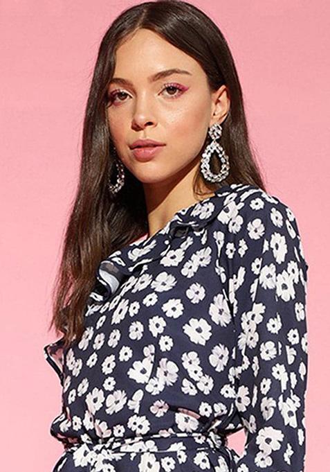 Navy Blue Printed Polyester Jumpsuit