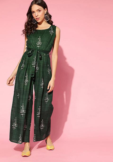 Green Printed Cotton Jumpsuit