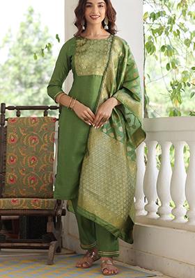 Green Solid Poly Silk Kurta Set