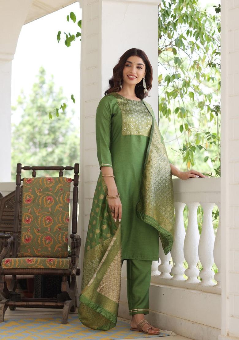 Green Solid Poly Silk Kurta Set