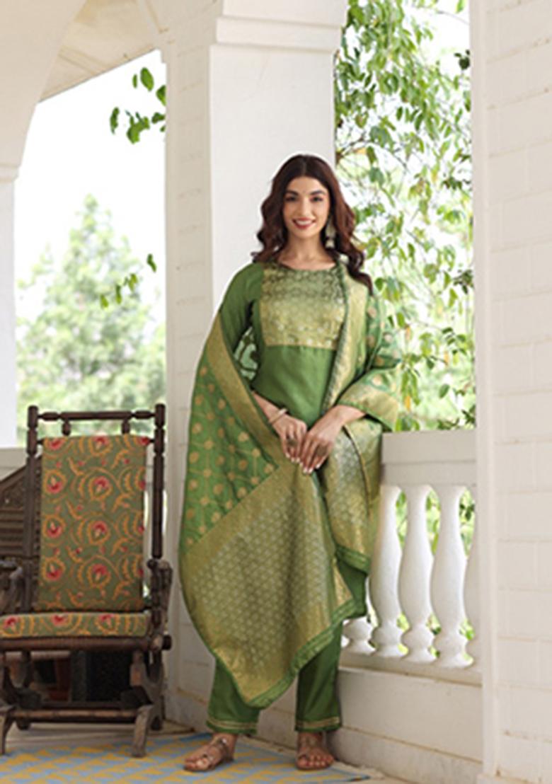 Green Solid Poly Silk Kurta Set