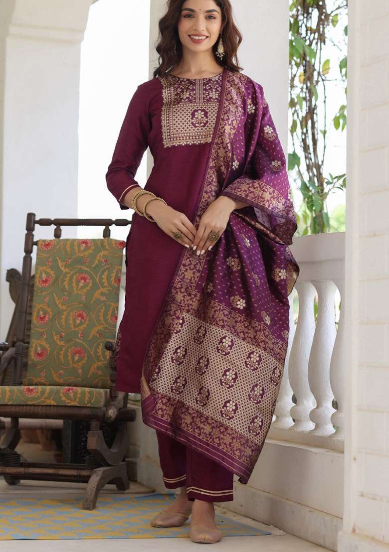 Burgundy Embroidered Silk Blend Straight Kurta Set - Indya