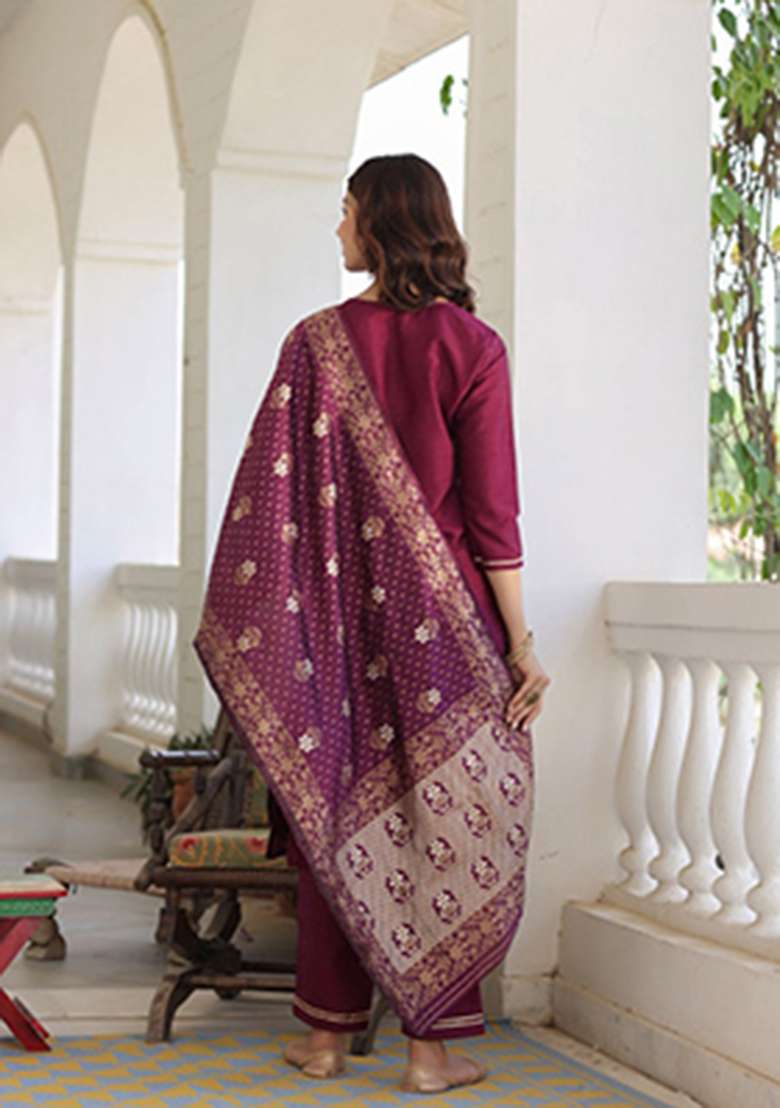 Burgundy Embroidered Silk Blend Straight Kurta Set - Indya