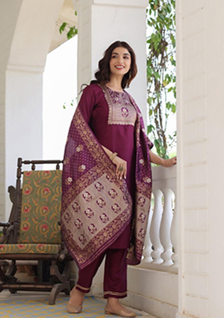 Burgundy Solid Poly Silk Kurta Set