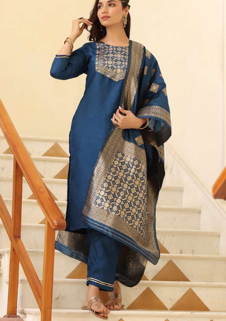 Blue Solid Poly Silk Kurta Set - Indya