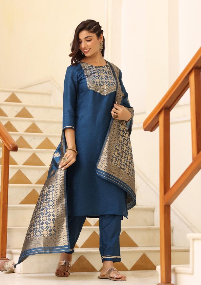 Blue Solid Poly Silk Kurta Set
