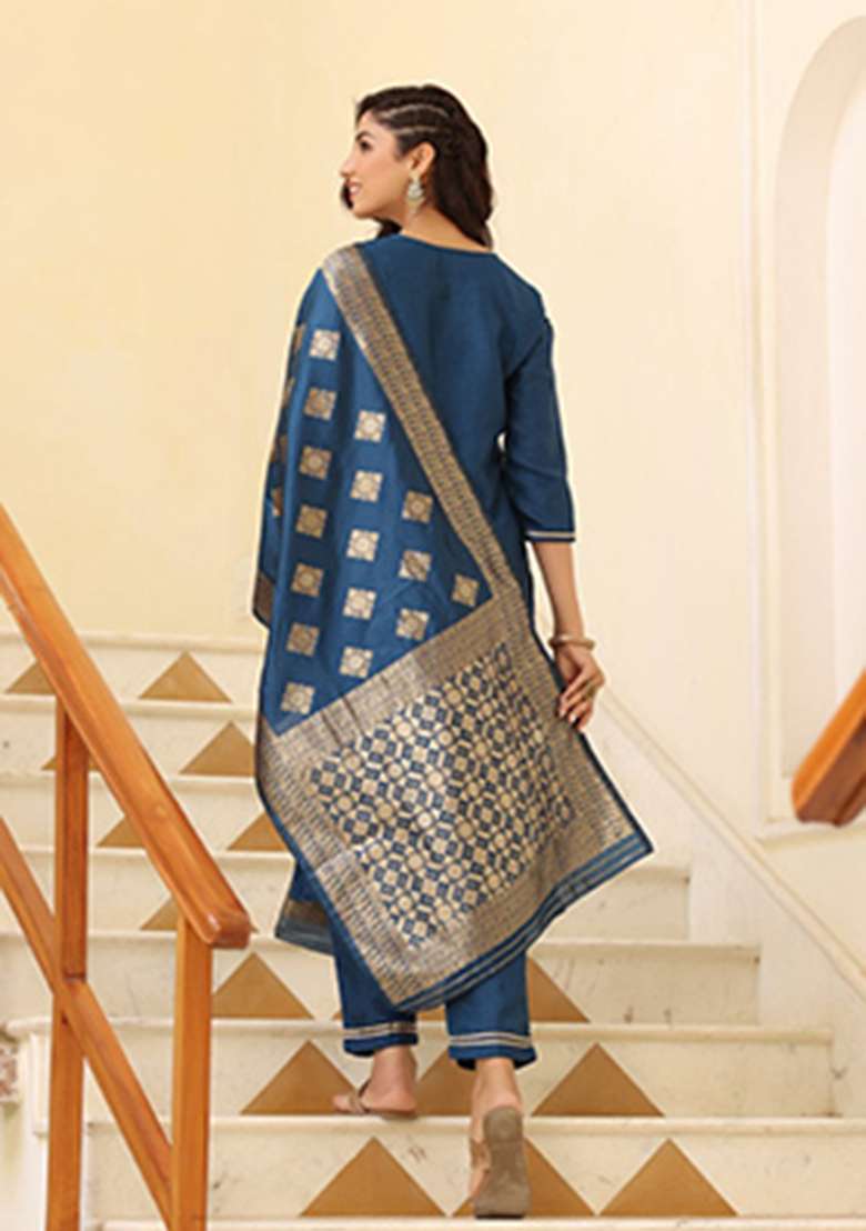 Blue Solid Poly Silk Kurta Set - Indya