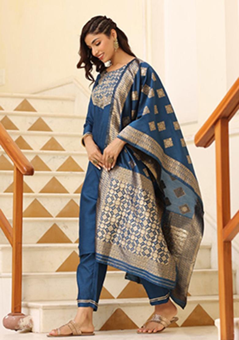 Blue Solid Poly Silk Kurta Set
