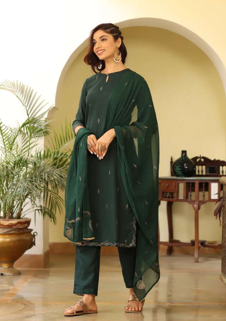 Green Embroidered Silk Blend Straight Kurta Set - Indya