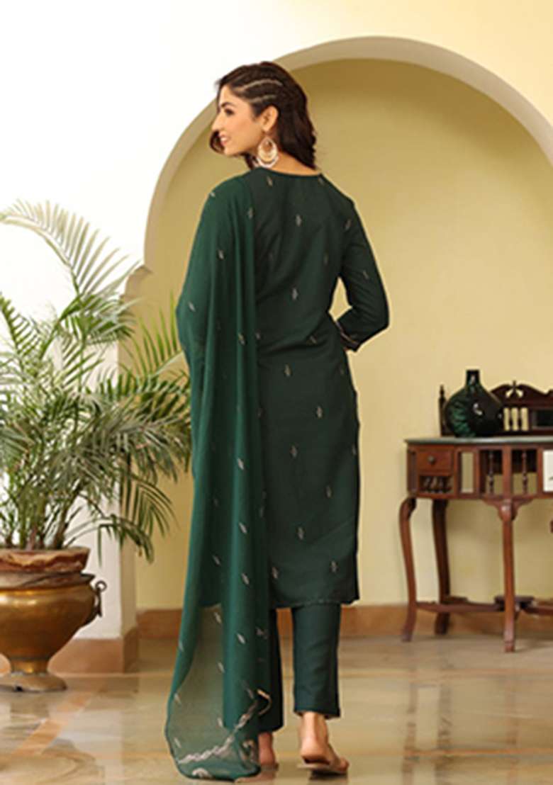 Green Embroidered Silk Blend Straight Kurta Set - Indya