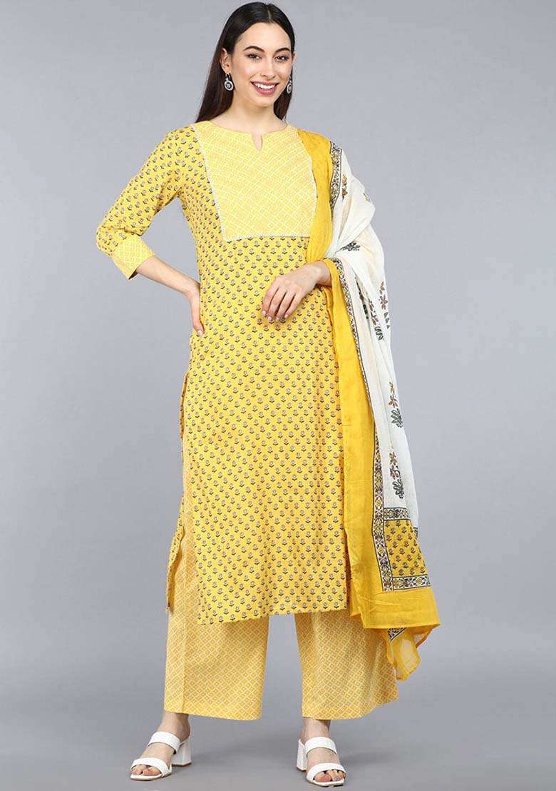 Yellow Printed Cotton Straight Kurta Set - Indya
