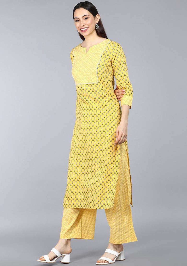 Yellow Printed Cotton Straight Kurta Set - Indya