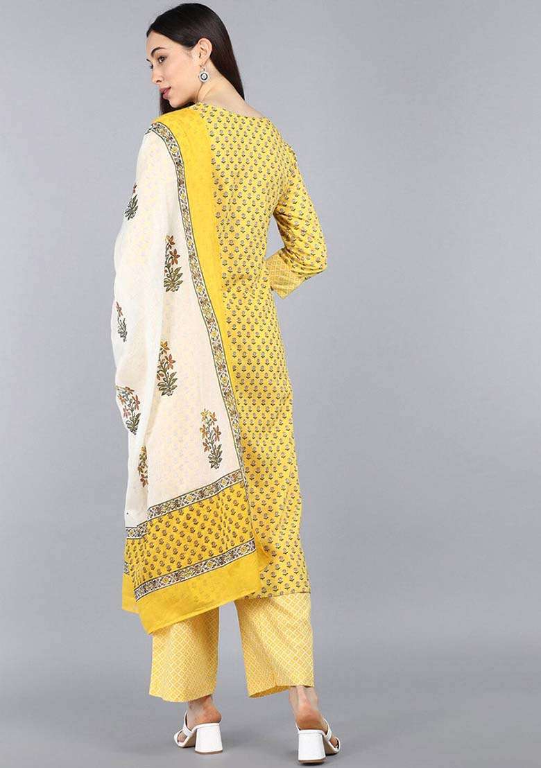Yellow Printed Cotton Straight Kurta Set - Indya