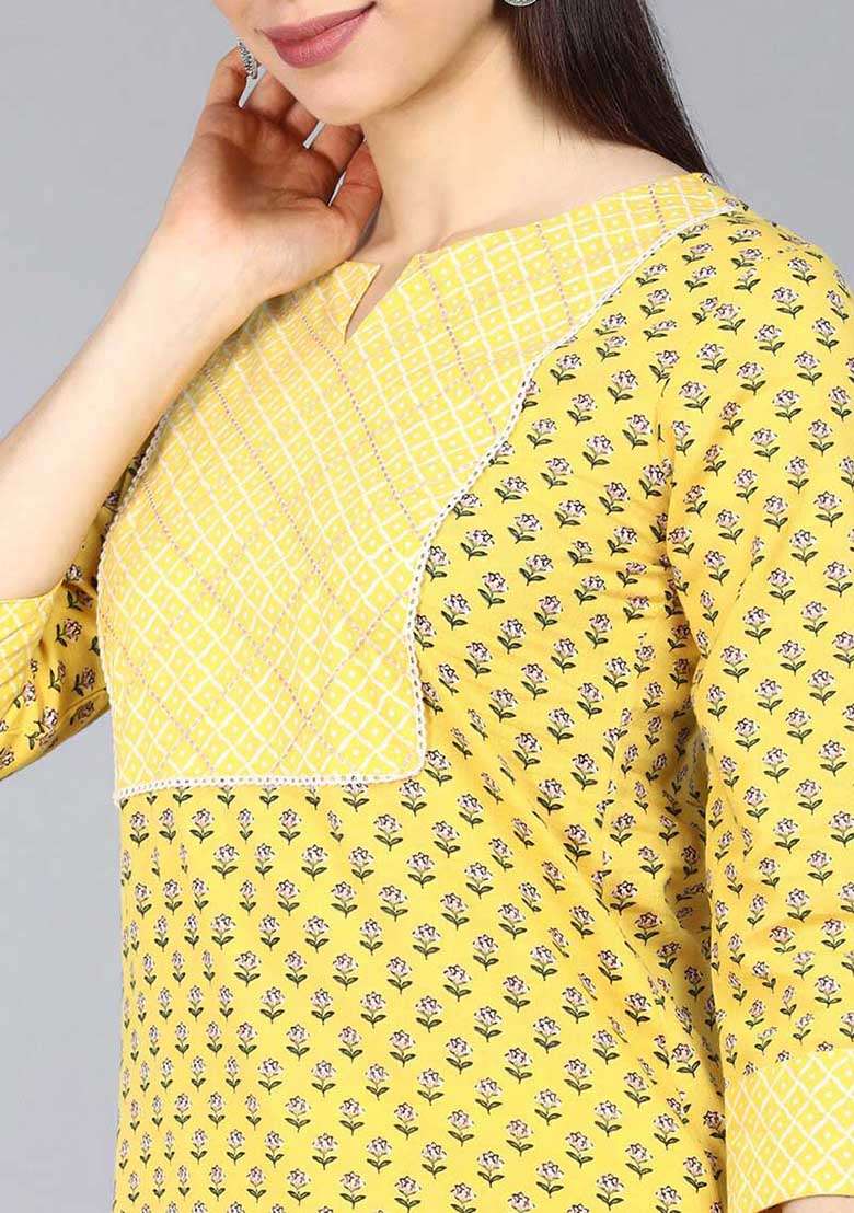 Yellow Printed Cotton Straight Kurta Set - Indya