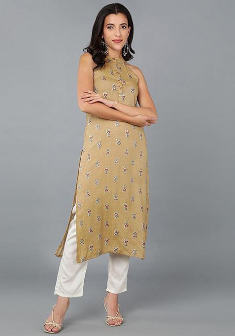 Mustard Printed Cotton Kurta