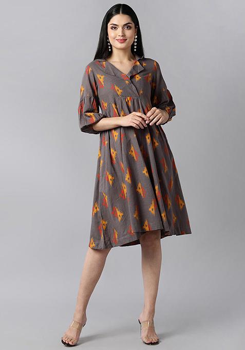 Taupe Printed Cotton Blend Dress