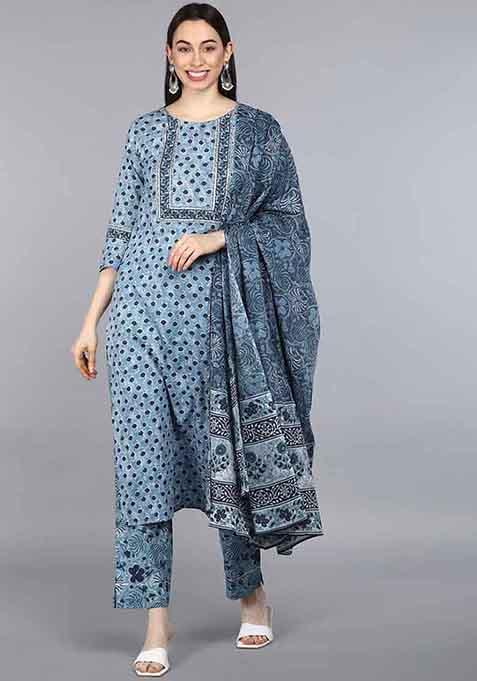 Blue Printed Cotton Kurta Set