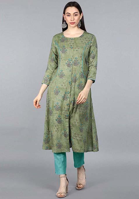 Green Printed Cotton Kurta