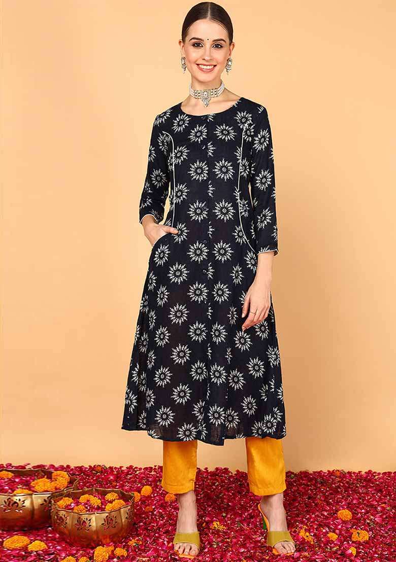 Navy Blue Printed Cotton A Line Kurta Set - Indya