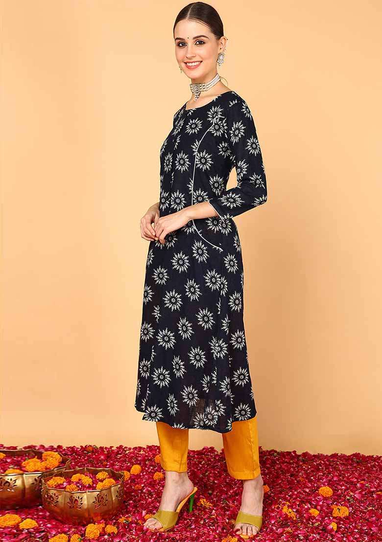 Navy Blue Printed Cotton A Line Kurta Set - Indya