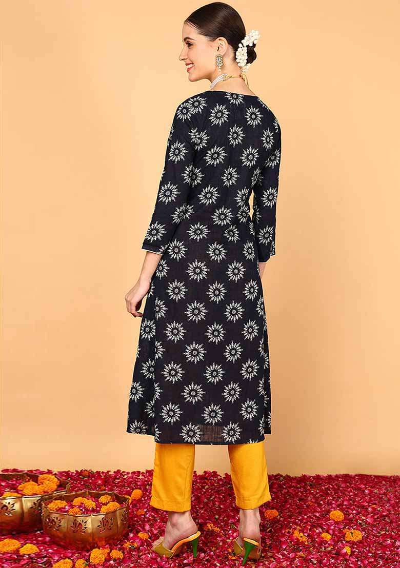 Navy Blue Printed Cotton A Line Kurta Set - Indya
