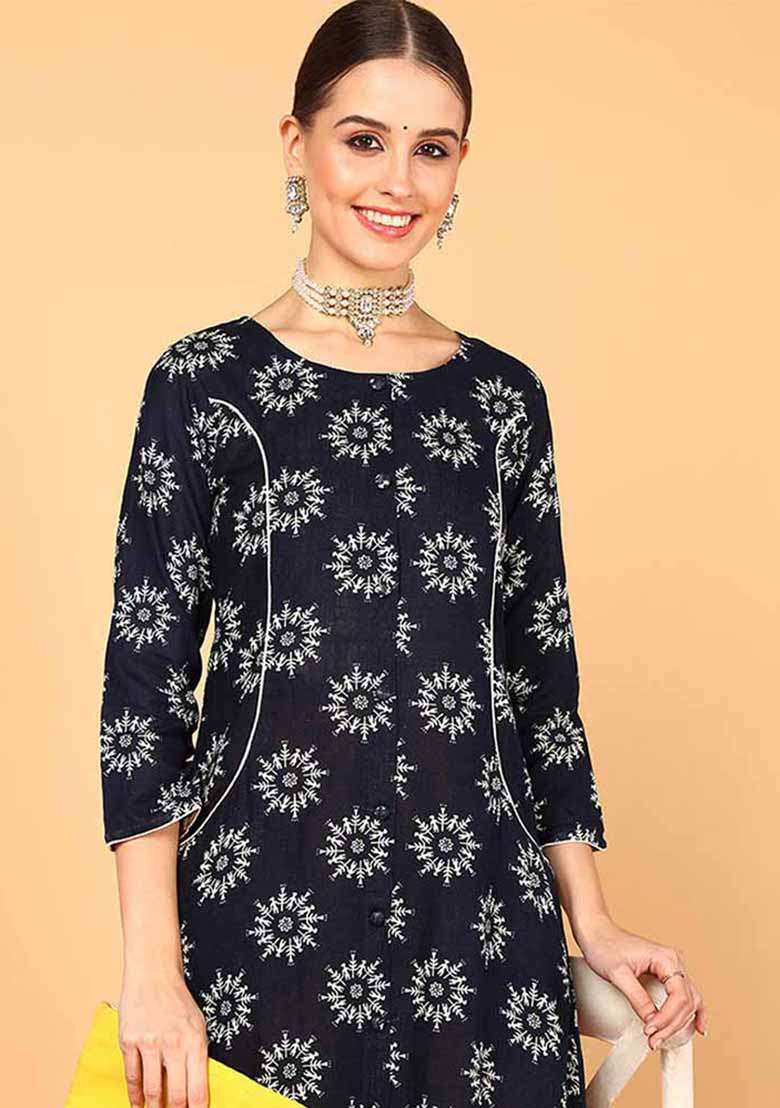 Navy Blue Printed Cotton A Line Kurta Set - Indya