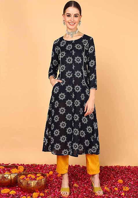 Navy Blue Printed Cotton Kurta