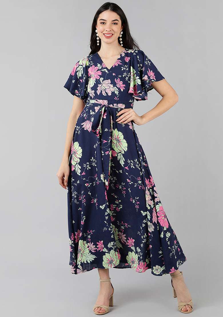 Purple Floral Print Georgette Gown - Indya